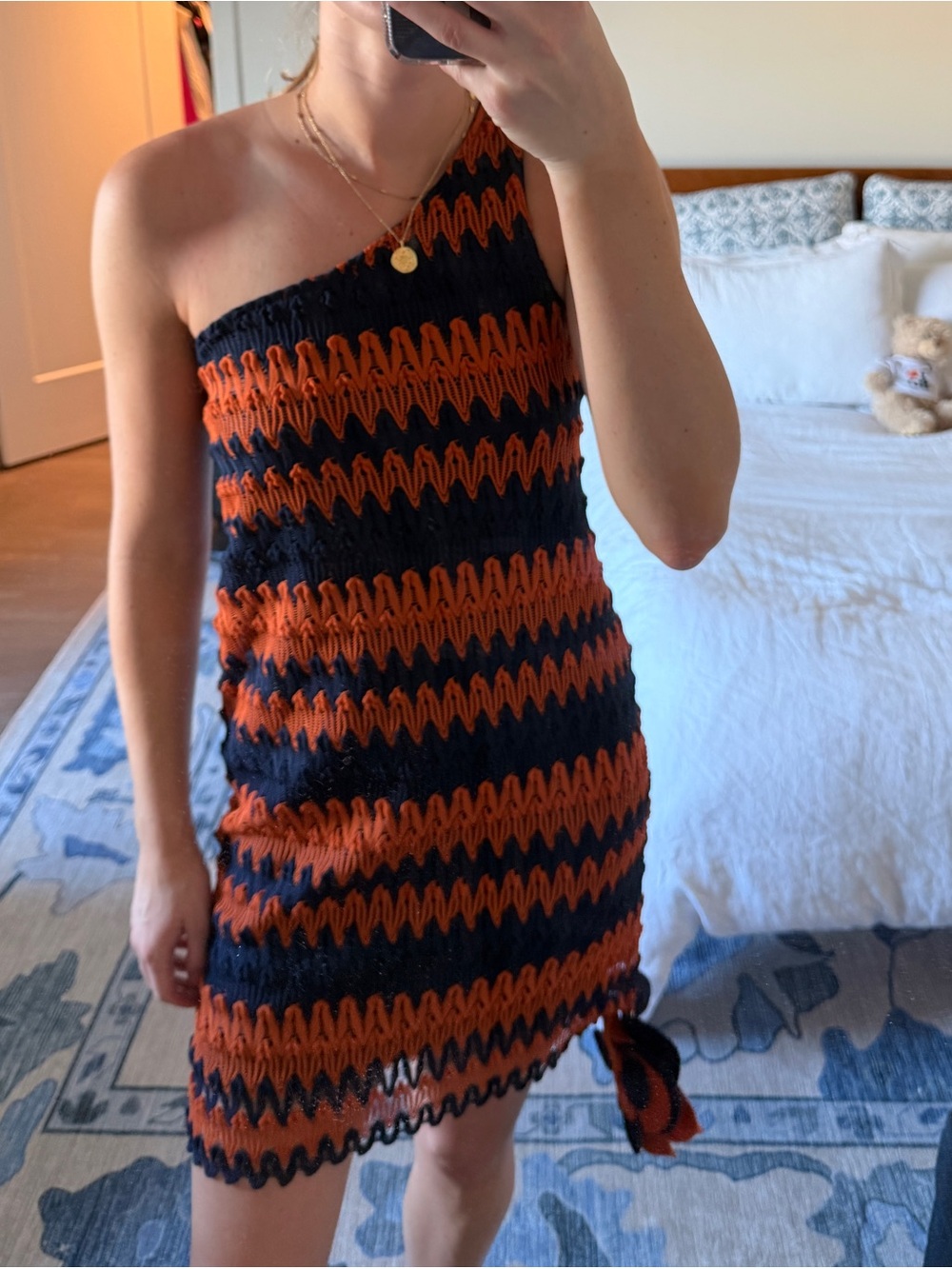 Judith March Navy One-Shoulder Knit Dress with Rust Accents